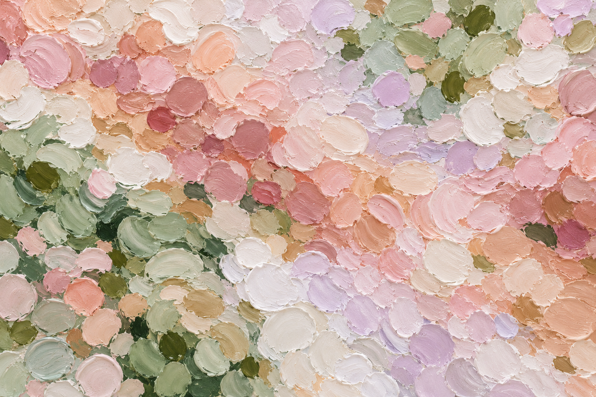 Room atmosphere with pastel painterly wallpaper evoking gentle spring blossoms