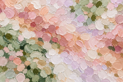 Room atmosphere with pastel painterly wallpaper evoking gentle spring blossoms