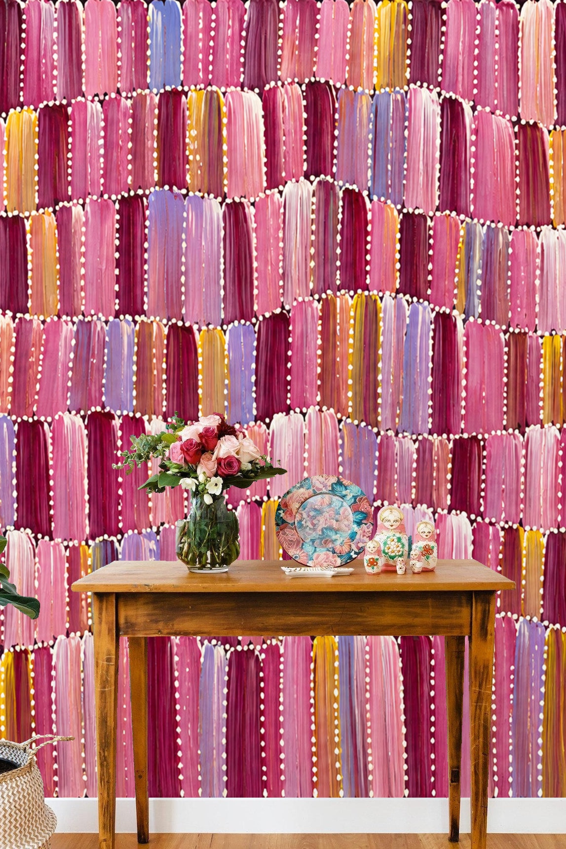 Abstract stacked brushstroke wallpaper pattern detail with dots and curved shapes