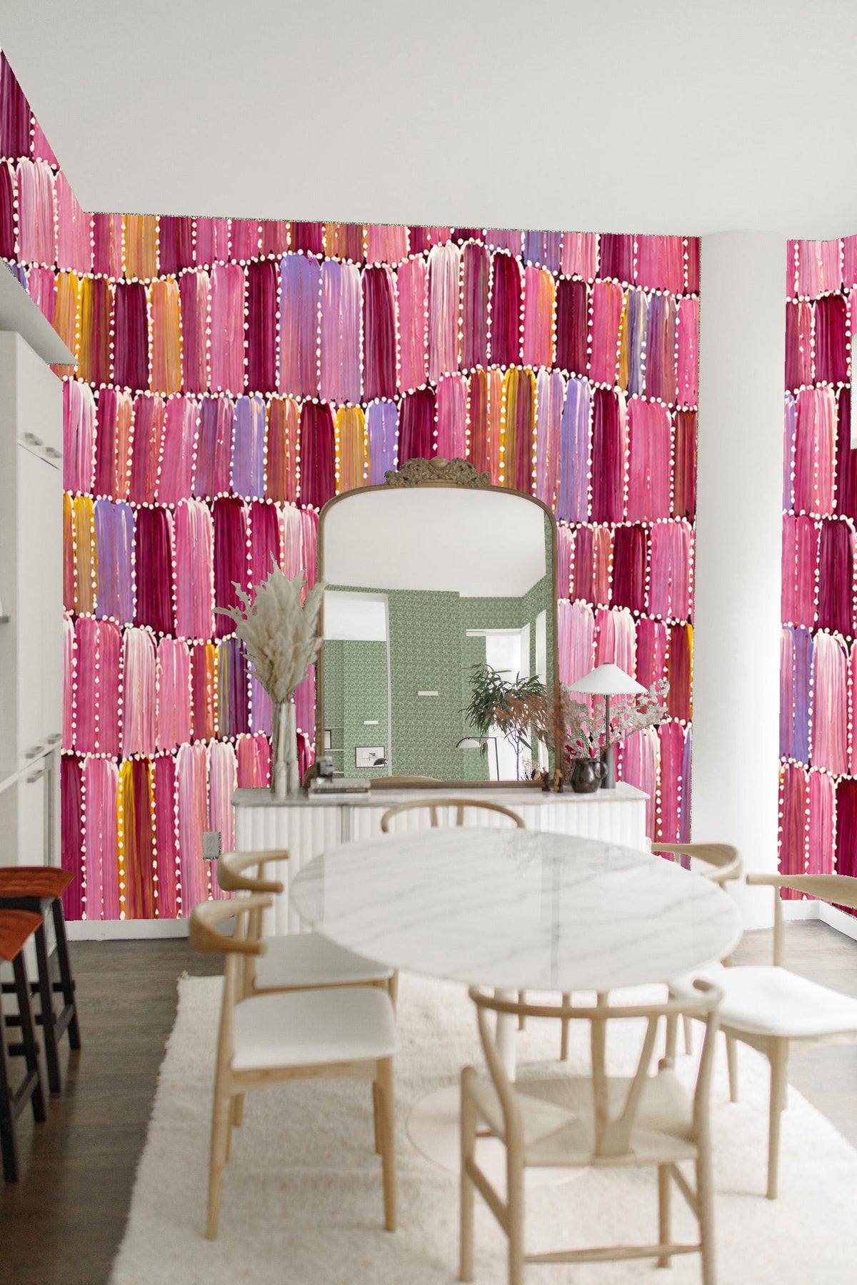 Living room wall styled with colorful segmented brushstroke wallpaper behind natural textured bench