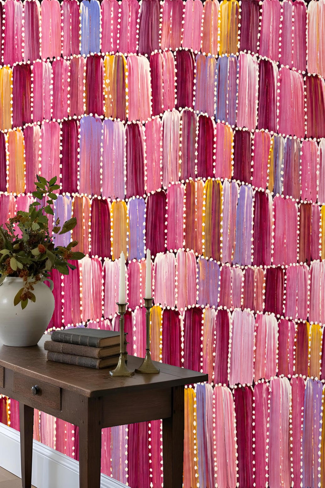 Colorful brushstroke mural wallpaper in modern living space with natural decor elements
