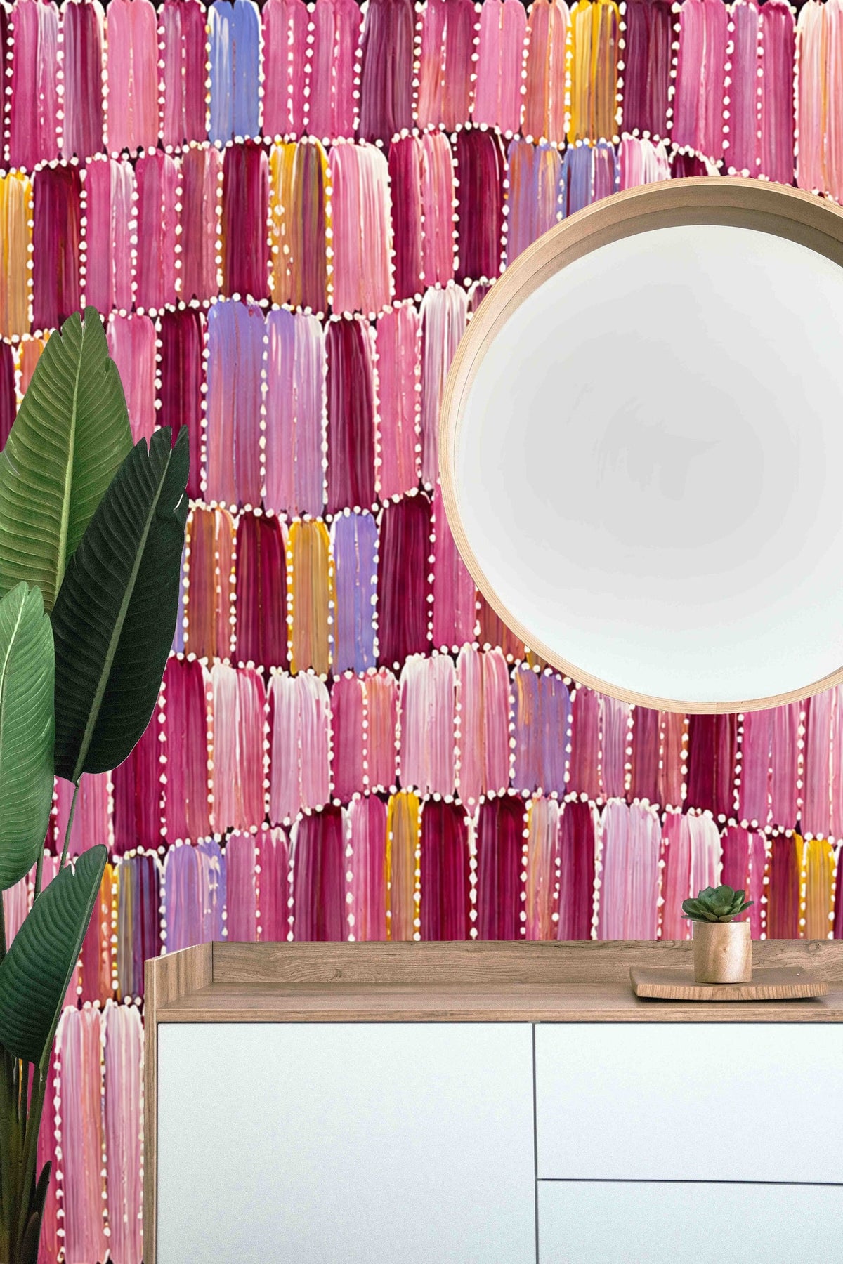 Decorative white dots outlining colorful brushstroke shapes on wallpaper surface