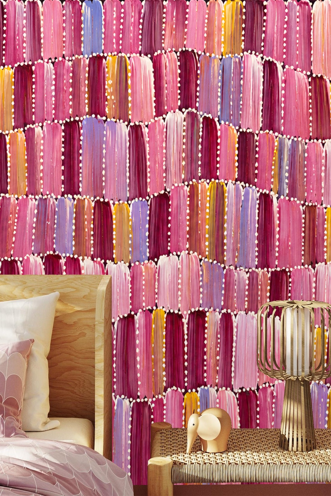 Pattern repeat of paint-inspired brushstroke wallpaper in warm yellow and magenta hues