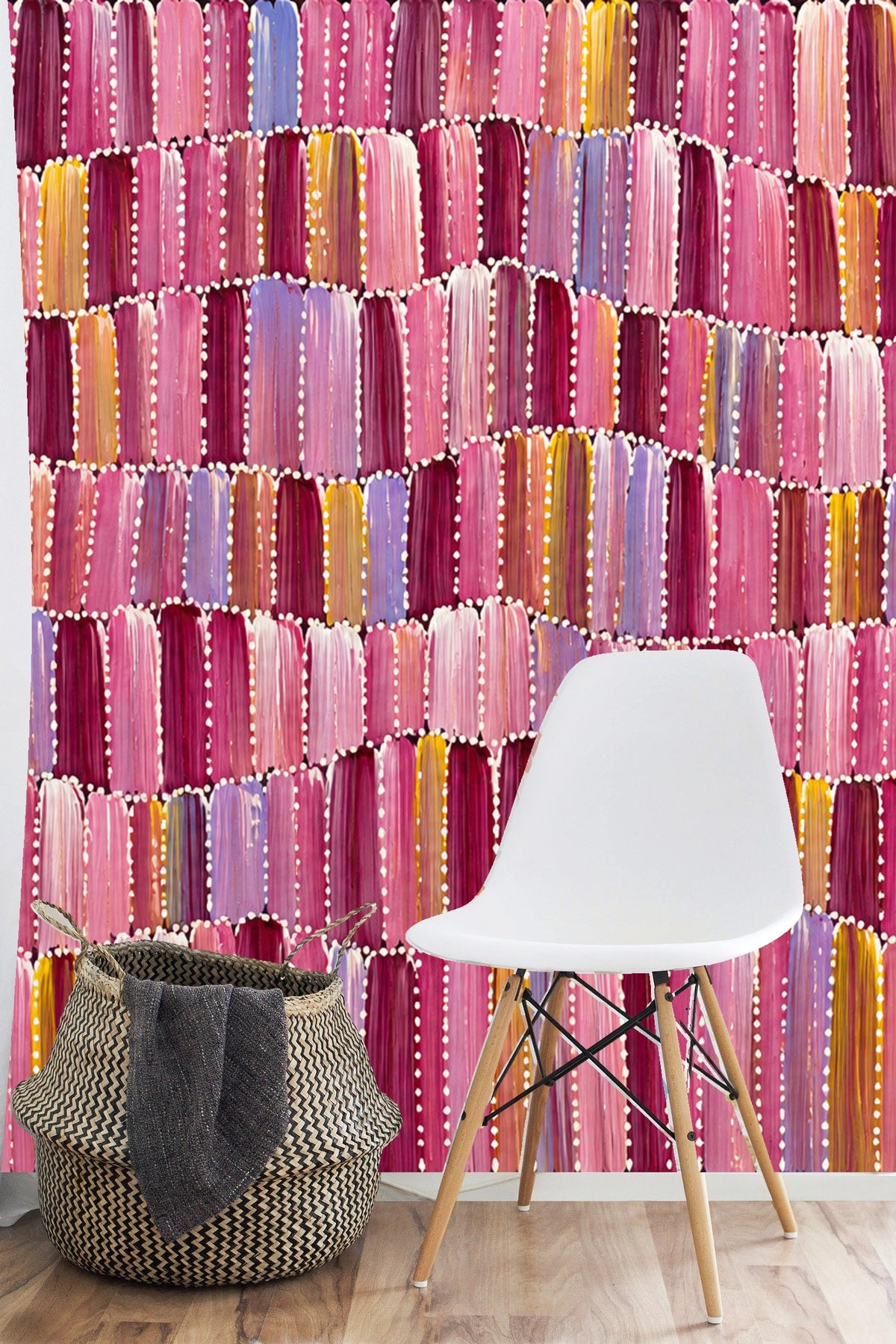 Stylized arch-shaped brushstroke wallpaper pattern glowing in gentle indoor light