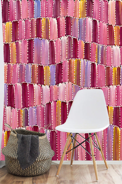 Stylized arch-shaped brushstroke wallpaper pattern glowing in gentle indoor light