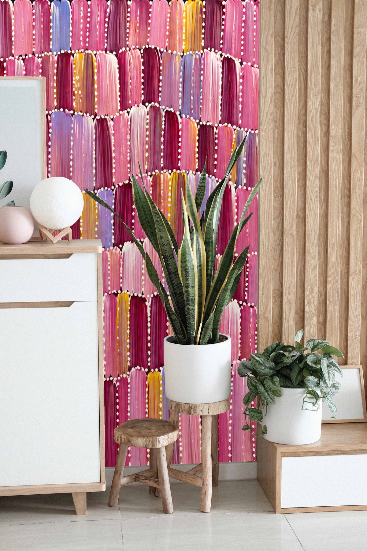 Vibrant pink and purple rounded brushstroke wallpaper creating rhythmic horizontal bands