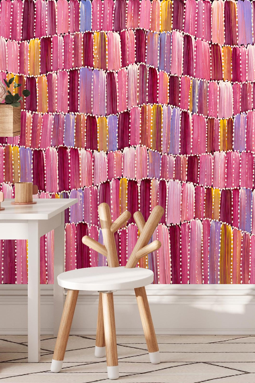 Brushstroke wallpaper showing irregular lines and layered color blocks with white dot borders