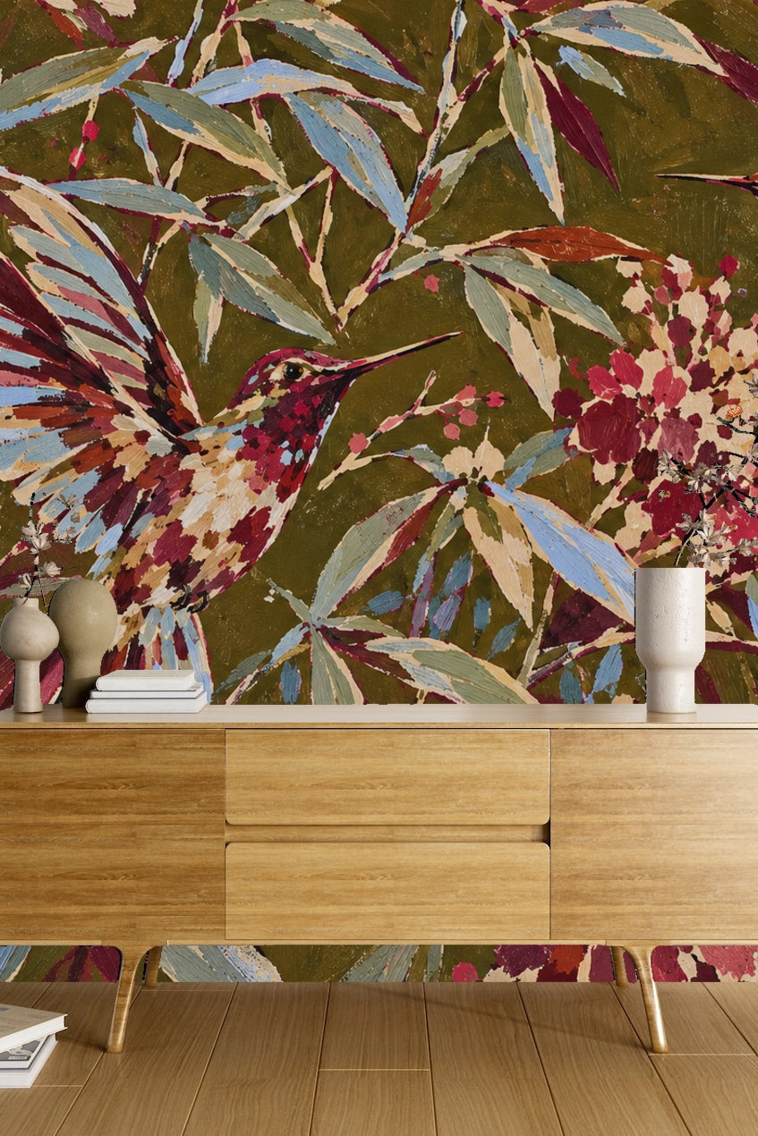 Artistic rendition of leaves in muted greens and blues with occasional red highlights