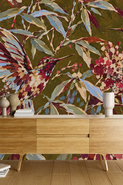 Artistic rendition of leaves in muted greens and blues with occasional red highlights