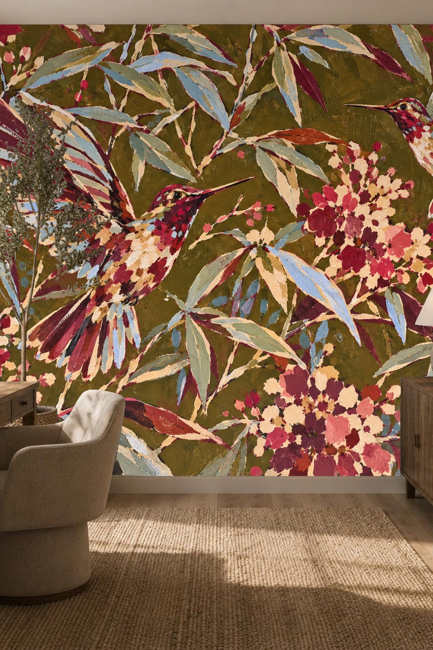 Original artwork of crimson and blue hummingbirds with floral blooms on olive background