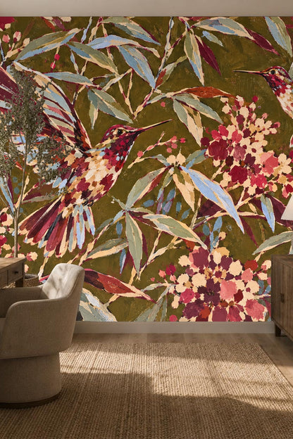 Original artwork of crimson and blue hummingbirds with floral blooms on olive background