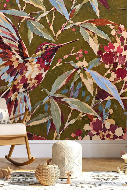 Full wall view with hummingbird wallpaper setting warm and dynamic mood
