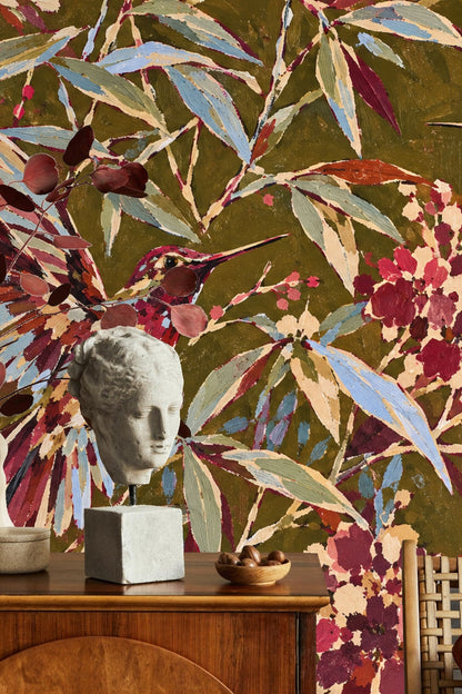 Wallpaper detail showcasing floral clusters in textured strokes