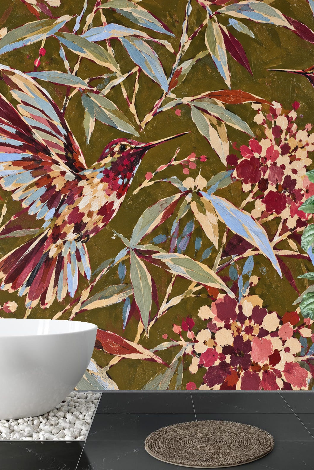 Textured brushstroke detail highlighting the mix of warm reds and blues in wallpaper