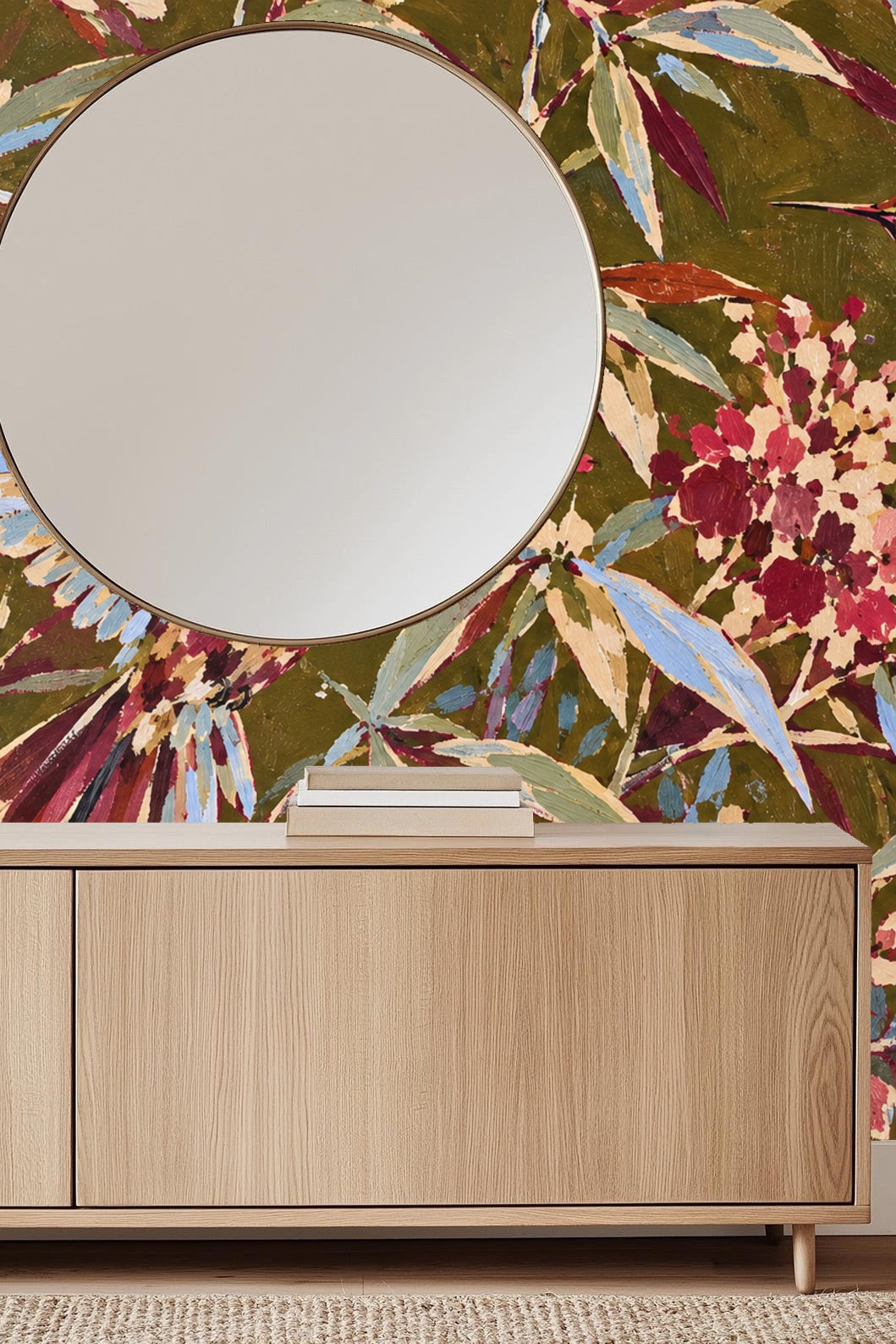 Clusters of pink and cream blossoms interspersed with long blue and olive leaves in wallpaper