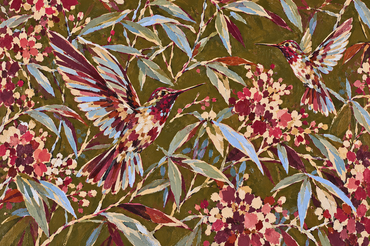 Painterly pattern focusing on overlapping leaves and blooms surrounding birds