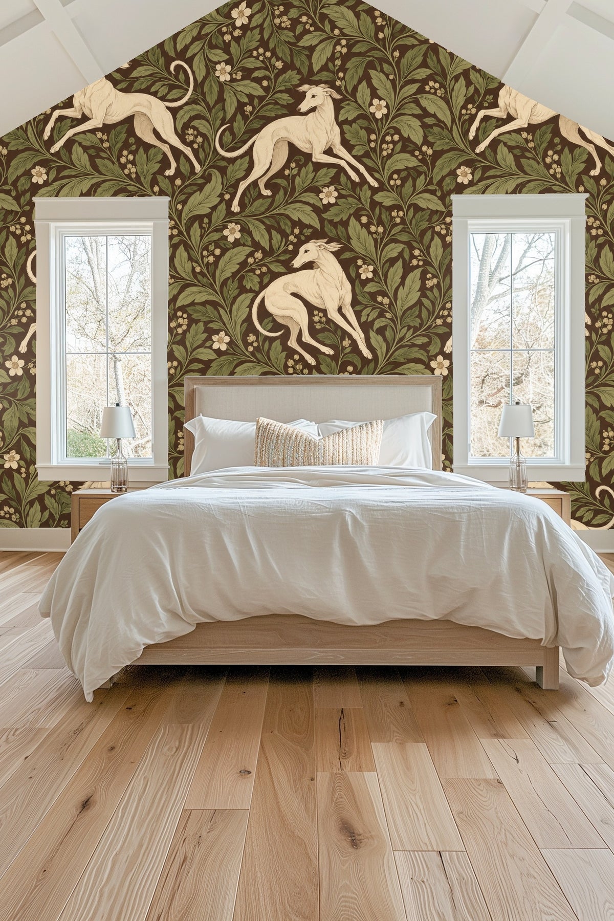 Whippet seated calmly surrounded by curling leaves on brown wallpaper