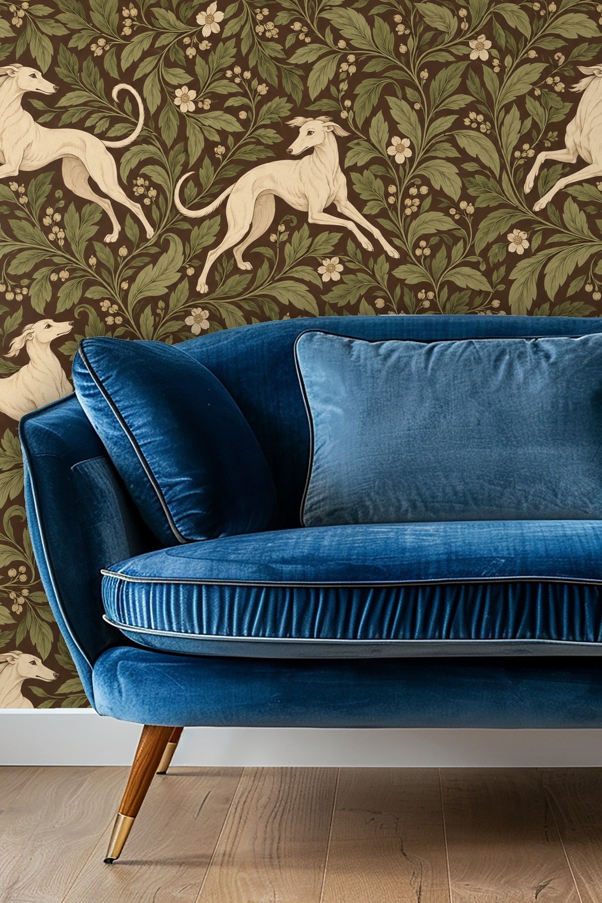 Detailed view of whippet dog illustration with flowing lines and elegant posture on botanical wallpaper
