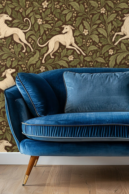 Detailed view of whippet dog illustration with flowing lines and elegant posture on botanical wallpaper
