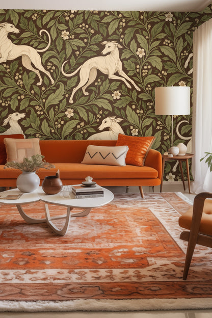 Close-up of wallpaper showing ivory whippets and green leaves on brown background