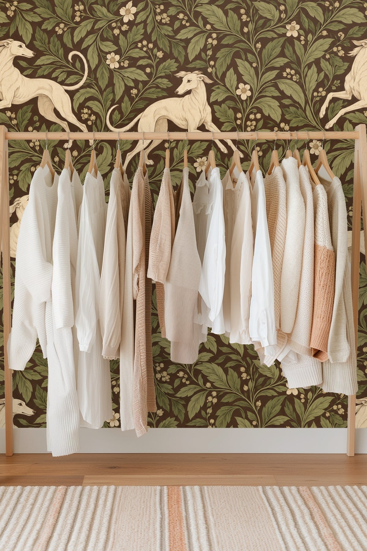 Section of wallpaper showing intricate leafy vines and small cream flowers
