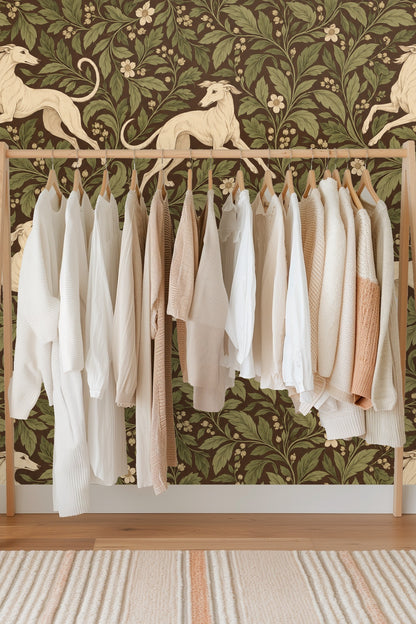 Section of wallpaper showing intricate leafy vines and small cream flowers