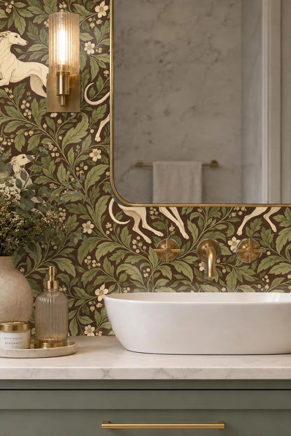 Composition detail of whippet figure in mid-leap with flowing tail and almond eyes on wallpaper