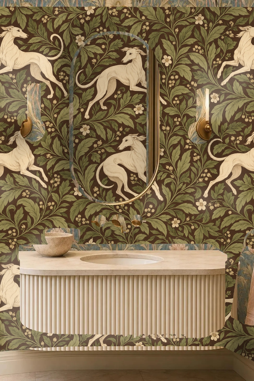 Room interior with wallpaper behind modern furnishings highlighting wallpaper's scale and color contrast