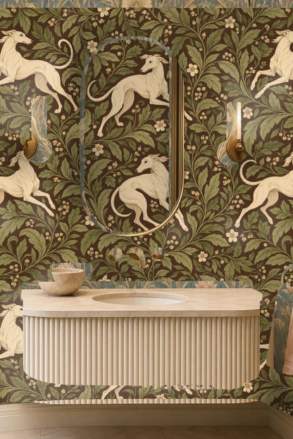 Room interior with wallpaper behind modern furnishings highlighting wallpaper's scale and color contrast