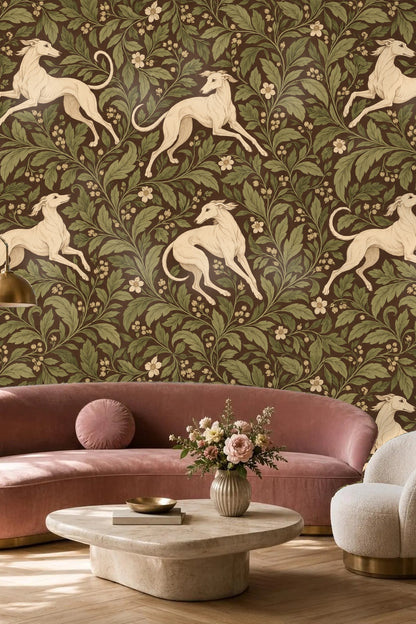 Close-up of Whippet Scroll wallpaper artwork showing hand-drawn whippets and leafy pattern on brown ground
