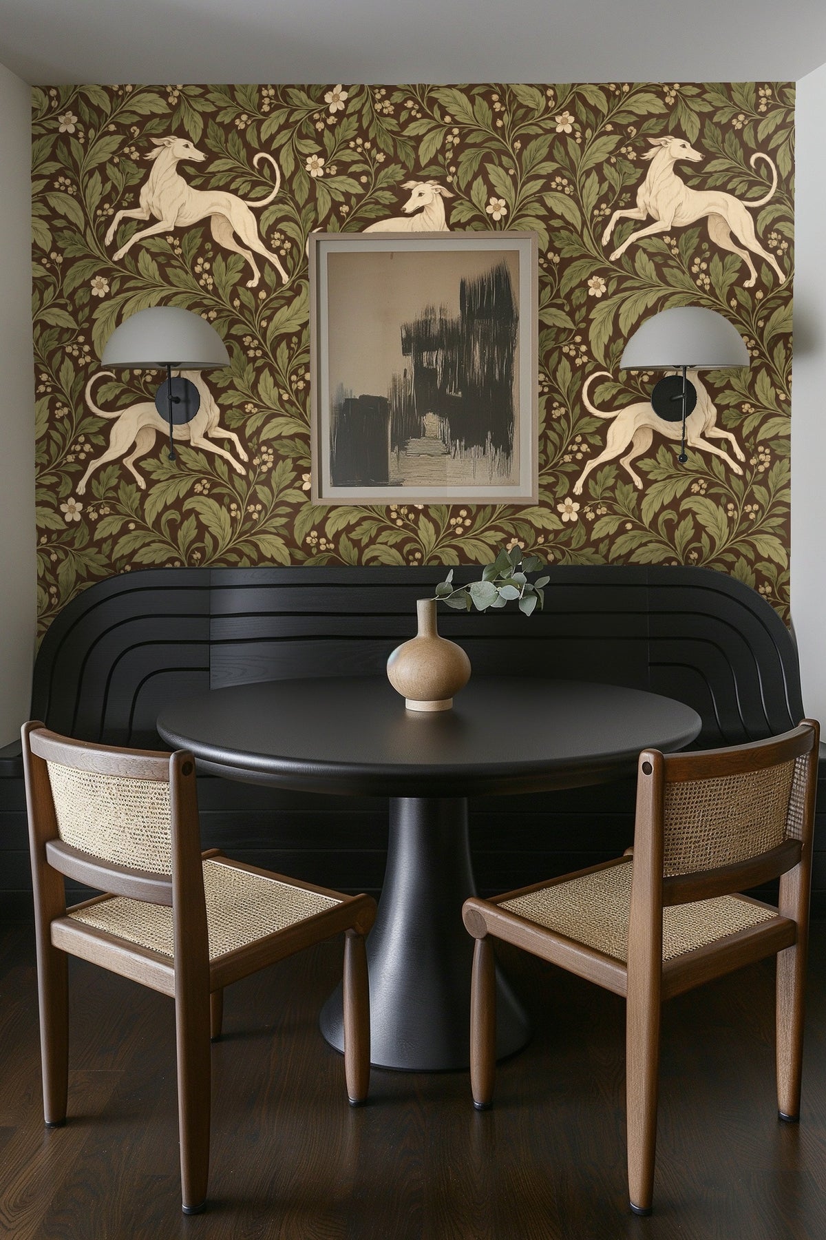 Pattern detail capturing fine line quality and soft shading of whippets on deep brown background