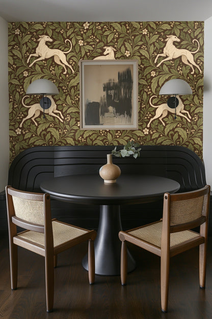 Pattern detail capturing fine line quality and soft shading of whippets on deep brown background