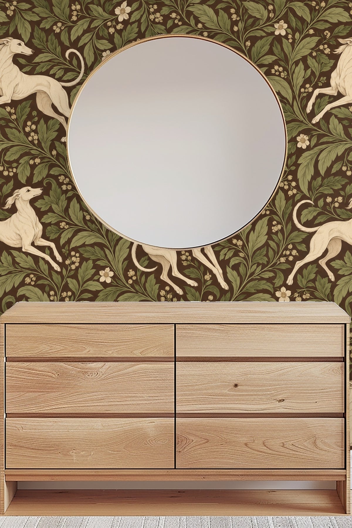 Artwork detail showcasing floral elements contrasting against the whippets