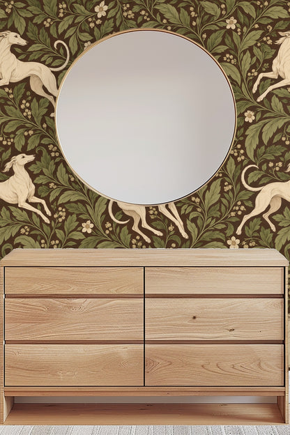 Artwork detail showcasing floral elements contrasting against the whippets
