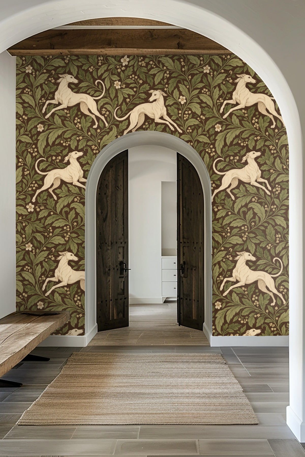 Segment of wallpaper pattern highlighting cream flowers among large green leaves on deep brown ground