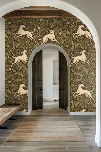 Segment of wallpaper pattern highlighting cream flowers among large green leaves on deep brown ground