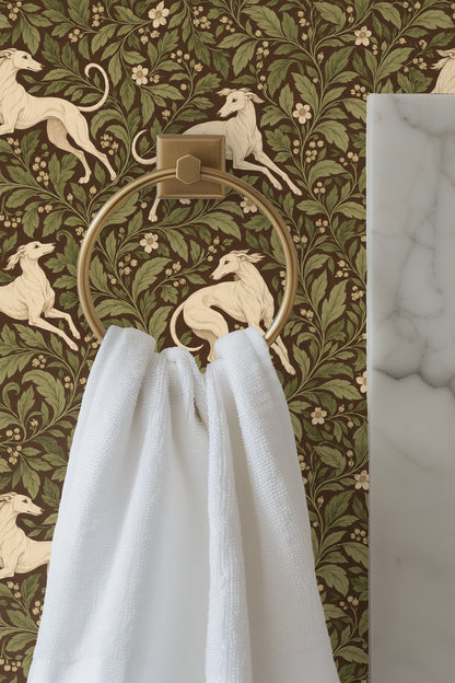 Partial view of whippet mid-leap amid swirling foliage on wallpaper