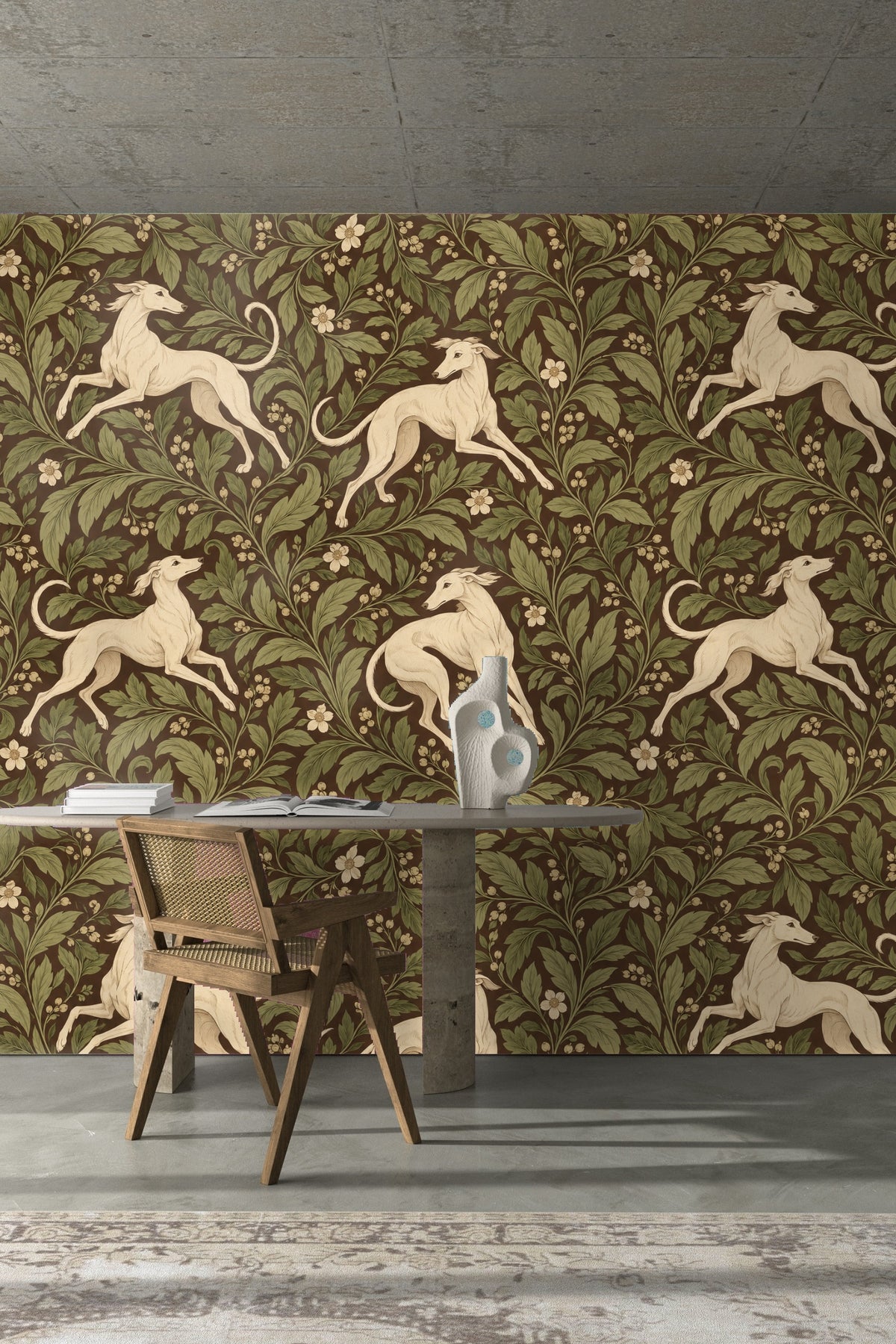 Leafy scrolls with delicate white and cream blossoms decorating wallpaper