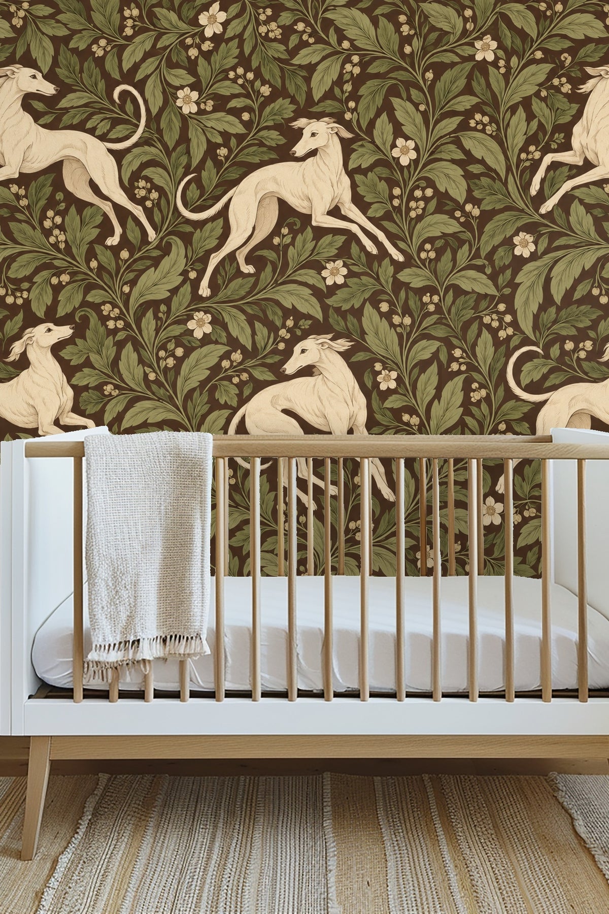 Full repeat pattern of Whippet Scroll wallpaper illustrating four graceful whippets within verdant foliage