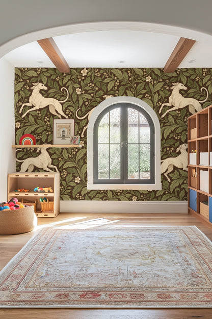 Living room wall with wallpaper pattern complementing mid-century modern orange furnishings