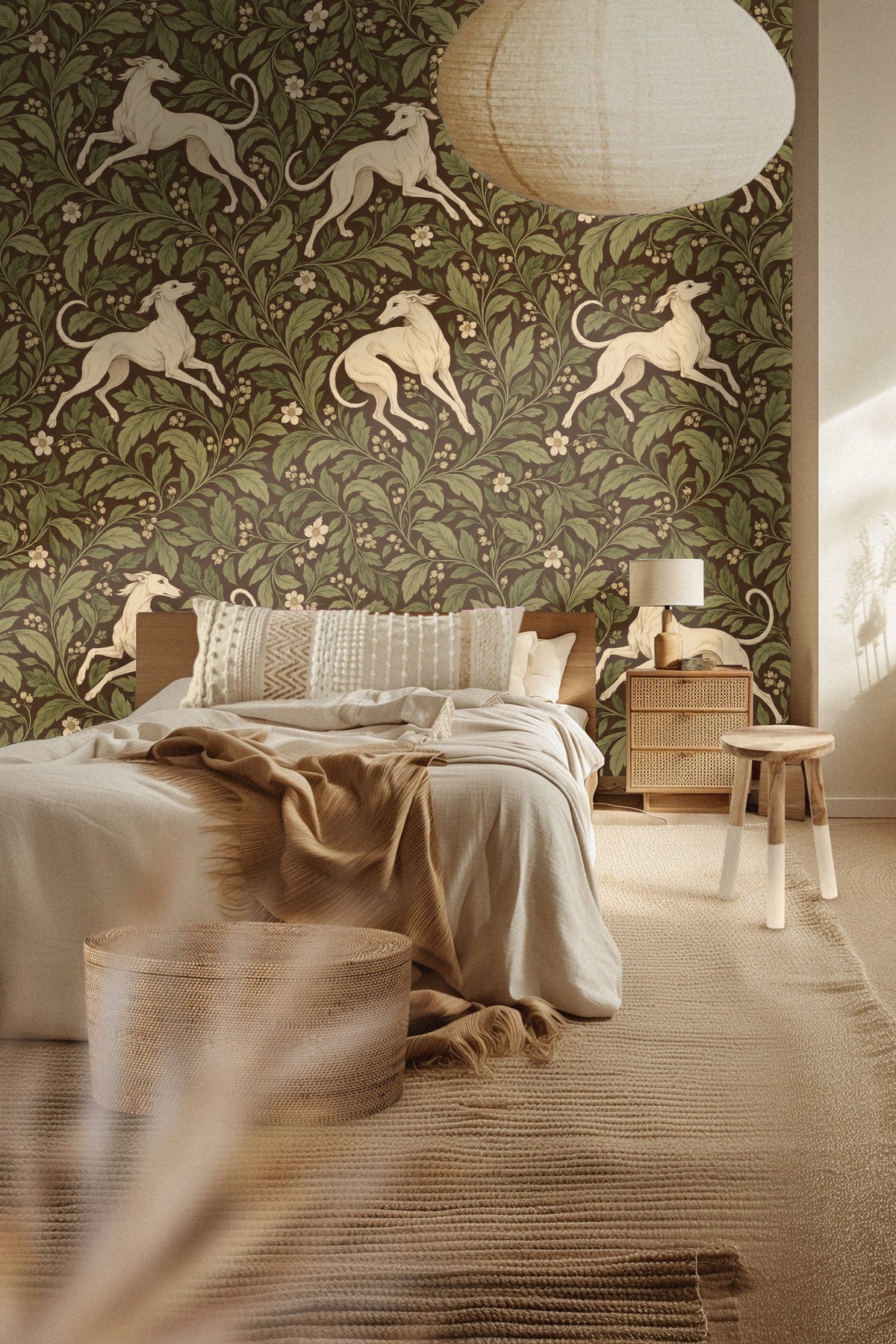 Living room wall adorned with Whippet Scroll wallpaper behind curved pink sofa, round coffee table, and white armchair