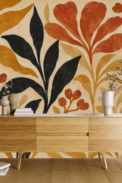 Partial nursery wall showing scale of leaf pattern around crib area