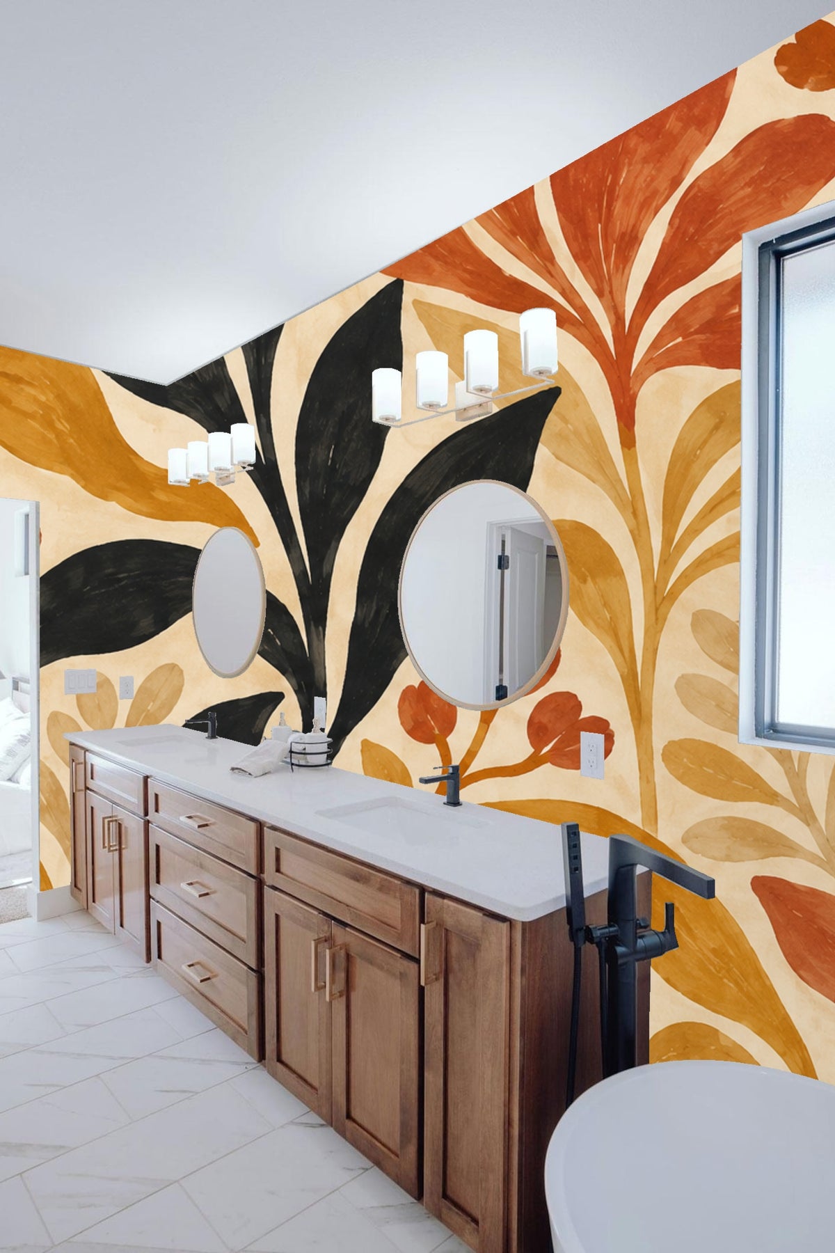 Soft beige background behind vibrant ochre and rust leaves in repeating botanical pattern