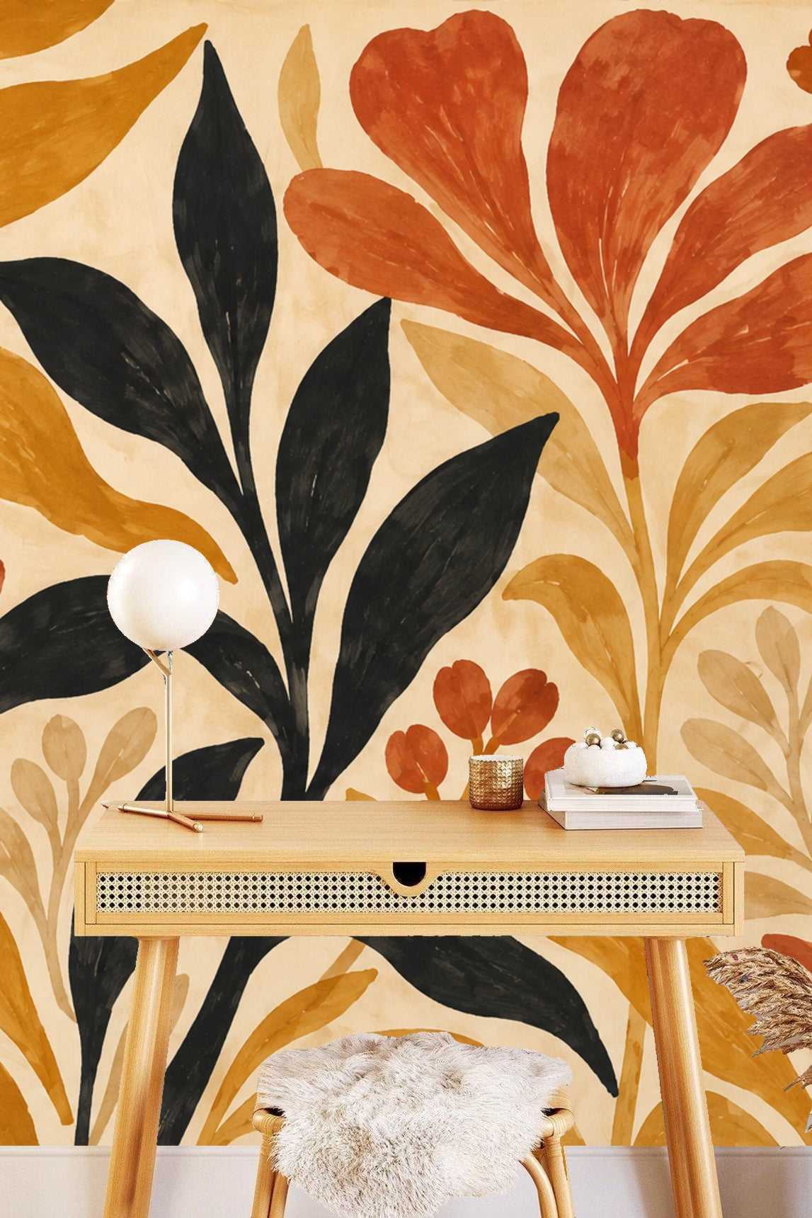 Wallpaper panel exhibiting rhythmic flow of stylized leaves and berries in warm tones