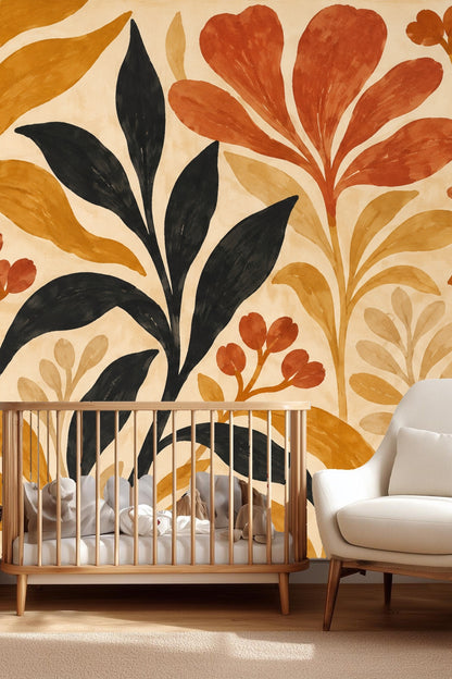 Close-up view of autumnal leaf scrolls wallpaper artwork showing ochre, terracotta, black leaves on beige background