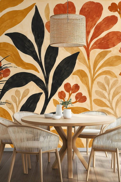 Bedroom wall under sloped ceiling decorated with large-scale autumn leaf mural