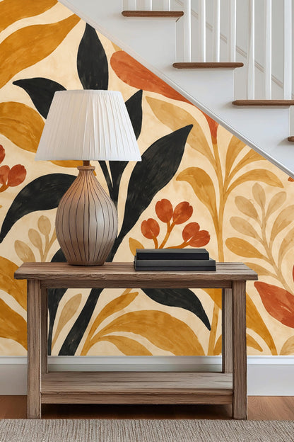 Organic foliage pattern with bold brush strokes in terracotta and ochre colors