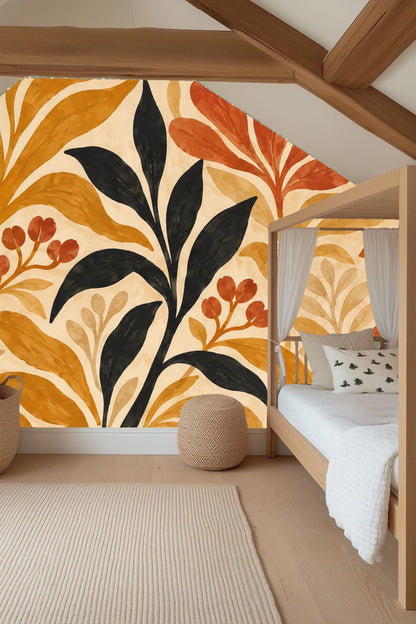 Nursery corner with crib and chair against wallpaper featuring bold ochre and terracotta botanical pattern