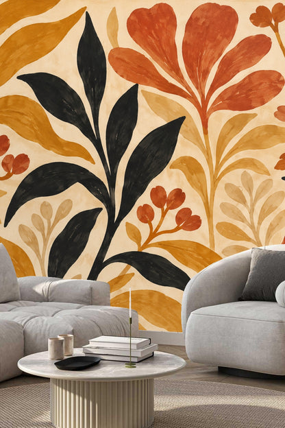 Attic-style bedroom with angled ceiling and bold leaf wallpaper in terracotta and ochre hues