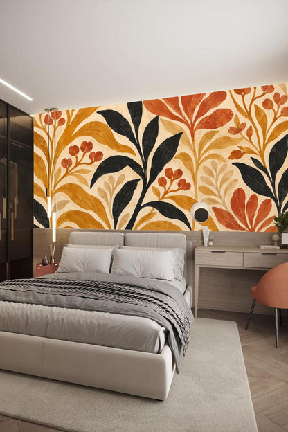 Zoomed image of large organic leaves and clusters in warm autumn tones on wallpaper artwork